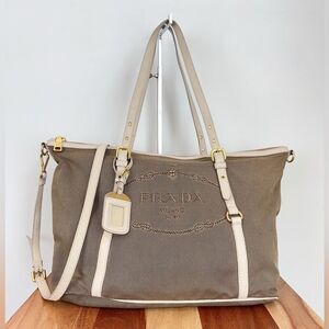 Pre-Owned‎ Prada Beige/Brown Jacquard Logo Canvas And Leather Top Handle